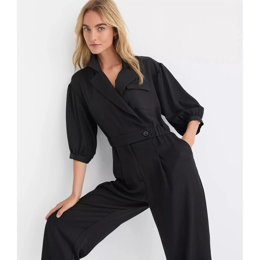 LOFT Women Black Lyocell Utility Wrap Jumpsuit Puff Sleeve Wide Leg Size 8